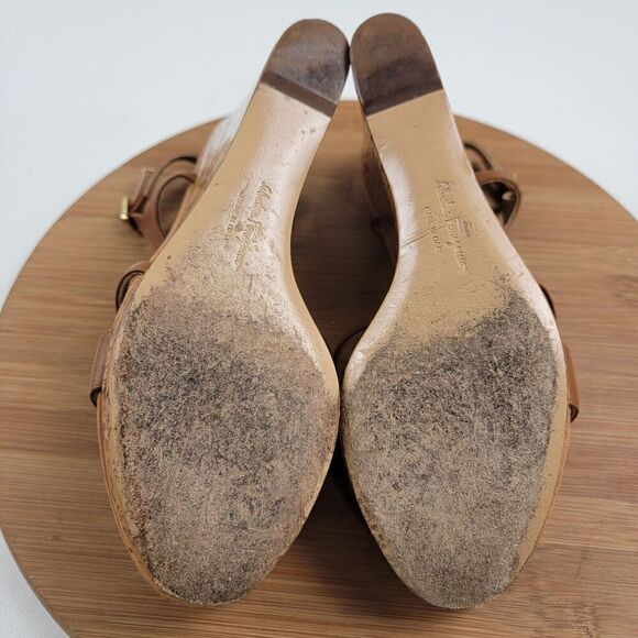 Salvatore Ferragamo Platform Cork Wedges Brown Leather Sandals Size 8.5 B Italy - Picture 12 of 16